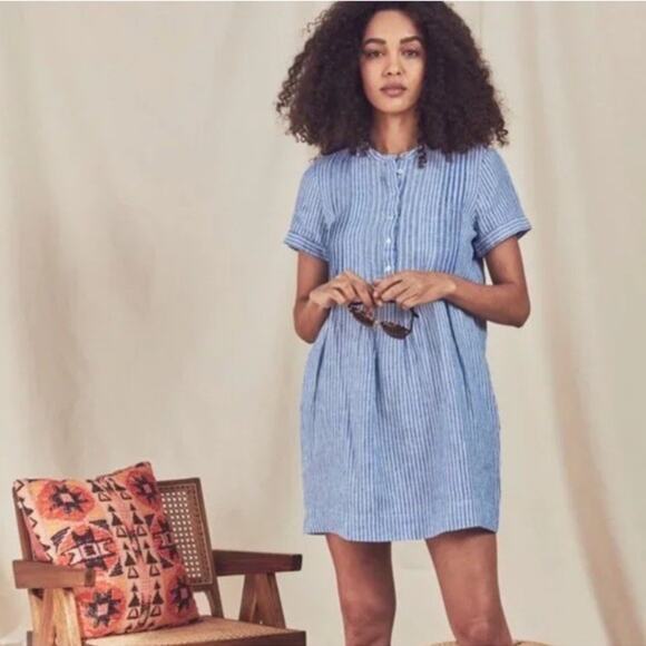 Faherty Gemina 100% Linen Mini Shirt Dress Pintuck Striped Blue White Size Small - Picture 1 of 9